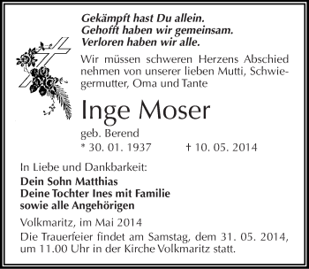 Traueranzeige von Inge Moser von Mitteldeutsche Zeitung Mansfelder Land