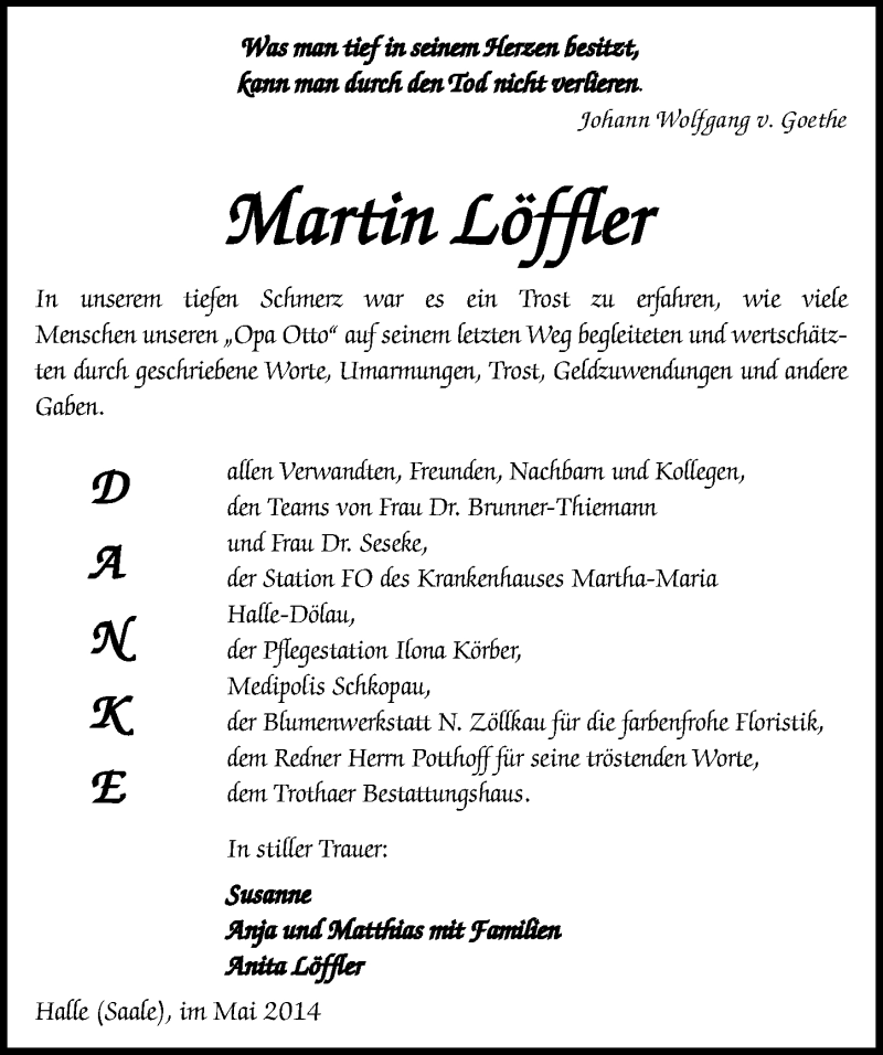  Traueranzeige für Martin Löffler vom 21.05.2014 aus Mitteldeutsche Zeitung Halle/Saalkreis
