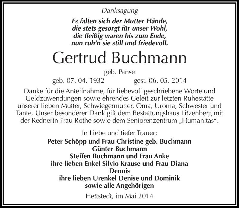  Traueranzeige für Gertrud Buchmann vom 17.05.2014 aus Mitteldeutsche Zeitung Mansfelder Land