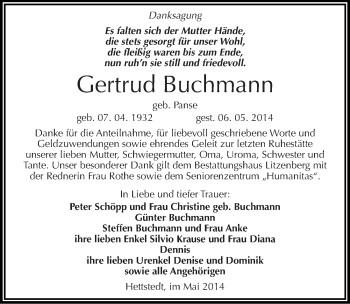 Traueranzeige von Gertrud Buchmann von Mitteldeutsche Zeitung Mansfelder Land