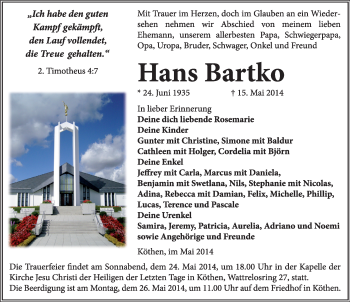 Traueranzeige von Hans Bartko von Mitteldeutsche Zeitung Köthen