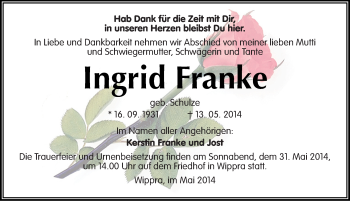 Traueranzeige von Ingrid Franke von Mitteldeutsche Zeitung Mansfelder Land