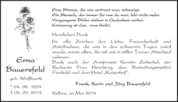 Traueranzeige von Erna Bauersfeld von Mitteldeutsche Zeitung Sangerhausen