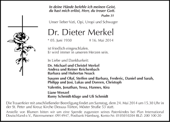 Traueranzeige von Dieter Merkel von Mitteldeutsche Zeitung Dessau-Roßlau