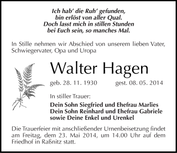 Traueranzeige von Walter Hagen von Mitteldeutsche Zeitung Merseburg/Querfurt