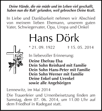 Traueranzeige von Hans Dörk von Mitteldeutsche Zeitung Köthen