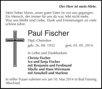 Traueranzeige von Paul Fischer von Mitteldeutsche Zeitung Wittenberg