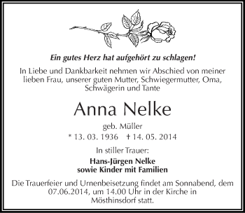 Traueranzeige von Anna Nelke von Mitteldeutsche Zeitung