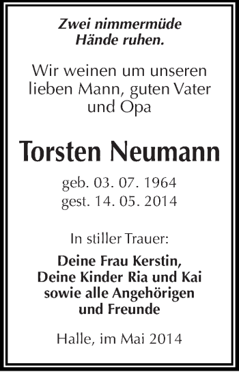 Traueranzeige von Torsten Neumann von Mitteldeutsche Zeitung Halle/Saalkreis