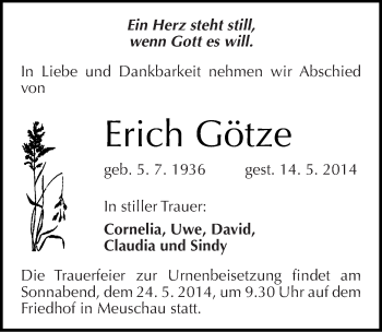 Traueranzeige von Erich Götze von Mitteldeutsche Zeitung Merseburg/Querfurt
