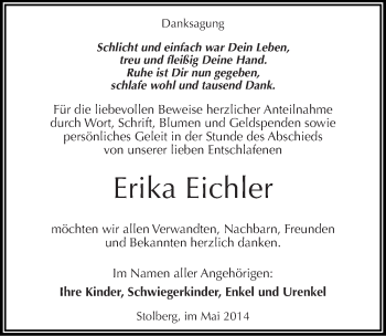 Traueranzeige von Erika Eichler von Mitteldeutsche Zeitung Sangerhausen
