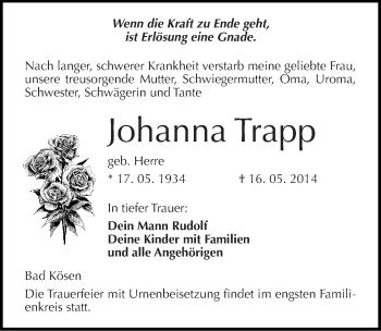 Traueranzeige von Johanna Trapp von Mitteldeutsche Zeitung Naumburg/Nebra