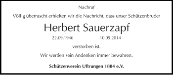 Traueranzeige von Herbert Sauerzapf von Mitteldeutsche Zeitung Sangerhausen