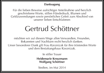 Traueranzeige von Gertrud Schöttner von Mitteldeutsche Zeitung Mansfelder Land
