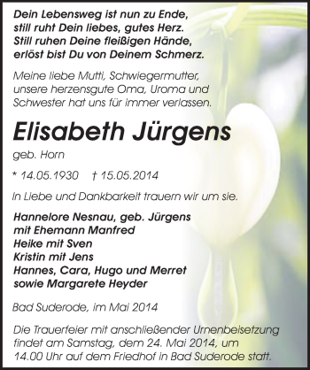 Traueranzeige von Elisabeth Jürgens von Mitteldeutsche Zeitung Quedlinburg