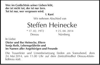 Traueranzeige von Steffen Heinecke von Mitteldeutsche Zeitung Dessau-Roßlau