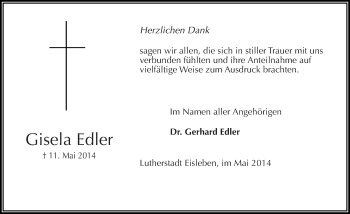 Traueranzeige von Gisela Edler von Mitteldeutsche Zeitung Mansfelder Land