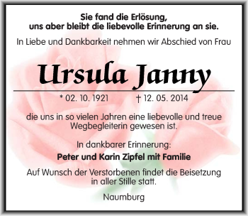 Traueranzeige von Ursula Janny von Mitteldeutsche Zeitung Naumburg/Nebra