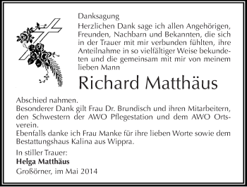 Traueranzeige von Richard Matthäus von Mitteldeutsche Zeitung Mansfelder Land