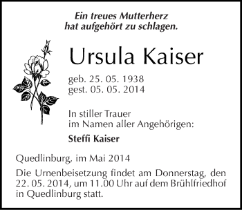 Traueranzeige von Ursula Kaiser von Mitteldeutsche Zeitung Quedlinburg