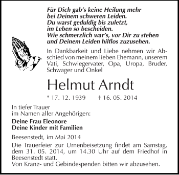 Traueranzeige von Helmut Arndt von Mitteldeutsche Zeitung Halle/Saalkreis