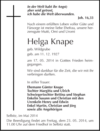 Traueranzeige von Helga Knape von Mitteldeutsche Zeitung Wittenberg