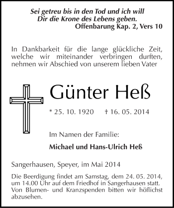 Traueranzeige von Günter Heß von Mitteldeutsche Zeitung Sangerhausen
