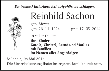 Traueranzeige von Reinhild Sachon von Mitteldeutsche Zeitung Merseburg/Querfurt