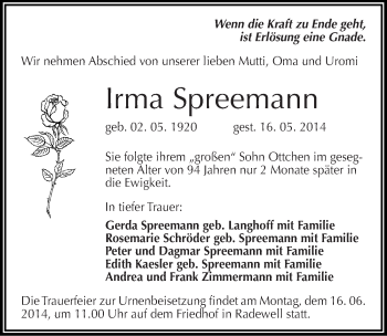Traueranzeige von Irma Spreemann von Mitteldeutsche Zeitung Halle/Saalkreis