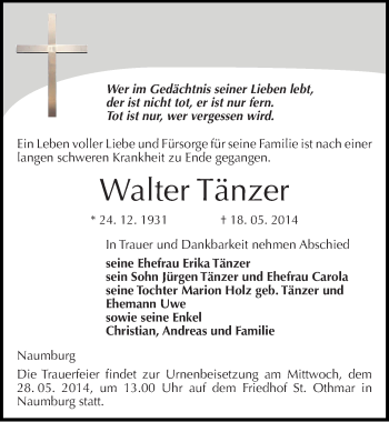 Traueranzeige von Walter Tänzer von Mitteldeutsche Zeitung Naumburg/Nebra