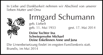 Traueranzeige von Irmgard Schumann von Mitteldeutsche Zeitung Bitterfeld