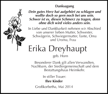Traueranzeige von Erika Dreyhaupt von Mitteldeutsche Zeitung Weißenfels