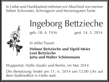 Traueranzeige von Ingeborg Bettzieche von Mitteldeutsche Zeitung Halle/Saalkreis