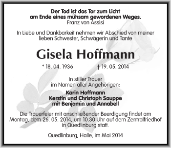 Traueranzeige von Gisela Hoffmann von Mitteldeutsche Zeitung Quedlinburg
