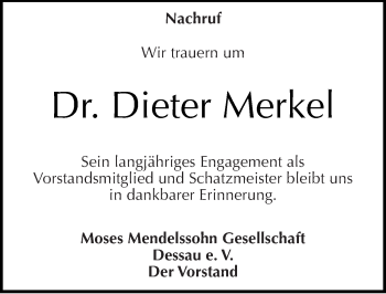 Traueranzeige von Dieter Merkel von Mitteldeutsche Zeitung Dessau-Roßlau