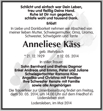 Traueranzeige von Anneliese Käss von Mitteldeutsche Zeitung Merseburg/Querfurt