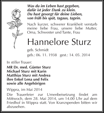 Traueranzeige von Hannelore Sturz von Mitteldeutsche Zeitung Mansfelder Land