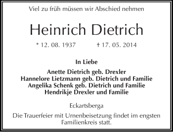 Traueranzeige von Heinrich Dietrich von Mitteldeutsche Zeitung Naumburg/Nebra