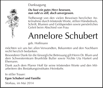 Traueranzeige von Annelore Schubert von Mitteldeutsche Zeitung Weißenfels
