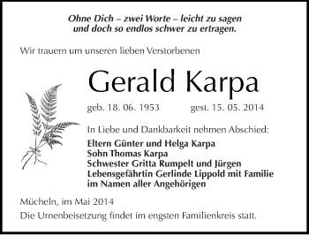 Traueranzeige von Gerald Karpa von Mitteldeutsche Zeitung Merseburg/Querfurt
