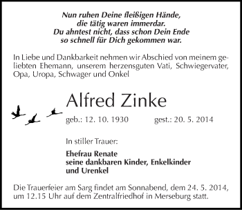 Traueranzeige von Alfred Zinke von Mitteldeutsche Zeitung Merseburg/Querfurt