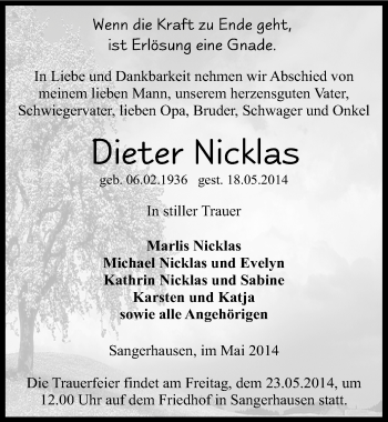 Traueranzeige von Dieter Nicklas von Mitteldeutsche Zeitung Sangerhausen