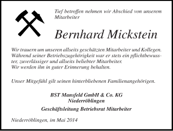 Traueranzeige von Bernhard Mickstein von Mitteldeutsche Zeitung Sangerhausen