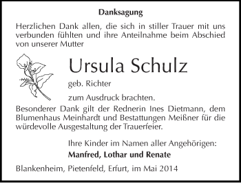 Traueranzeige von Ursula Schulz von Mitteldeutsche Zeitung Sangerhausen