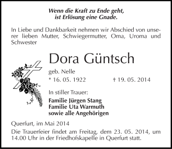 Traueranzeige von Dora Güntsch von Mitteldeutsche Zeitung Merseburg/Querfurt