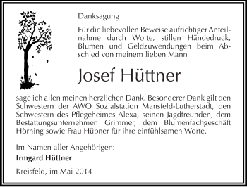 Traueranzeige von Josef Hüttner von Mitteldeutsche Zeitung Mansfelder Land