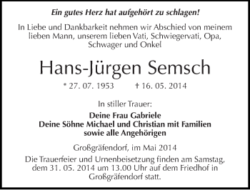 Traueranzeige von Hans-Jürgen Semsch von Mitteldeutsche Zeitung Merseburg/Querfurt