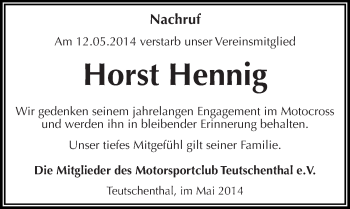Traueranzeige von Horst Hennig von Mitteldeutsche Zeitung Halle/Saalkreis