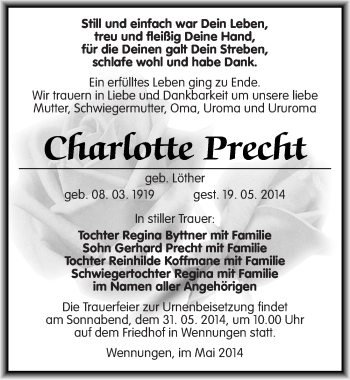 Traueranzeige von Chartotte Precht von Mitteldeutsche Zeitung Naumburg/Nebra