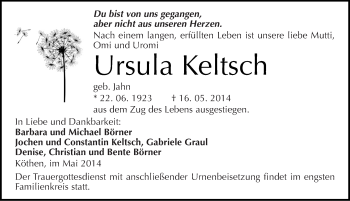 Traueranzeige von Ursula Keltsch von Mitteldeutsche Zeitung Köthen